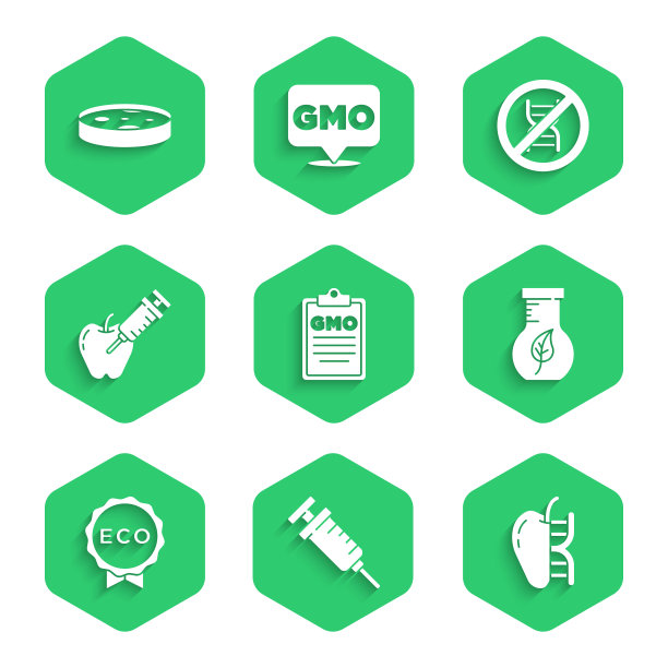 集转基因，注射器，转基因苹果，试管和烧瓶，标签为生态健康食品，停止和培养皿与细菌图标。向量图片下载