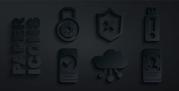 集物联网，u盘，智能手机，手机和人脸识别，盾与十字标记和安全密码锁图标。向量图片下载