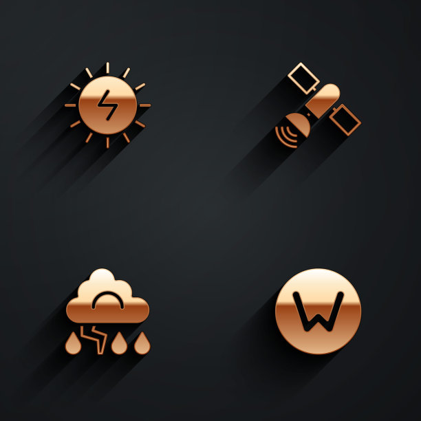 设置太阳能板，卫星，云和闪电和指南针北图标长阴影。向量图片下载