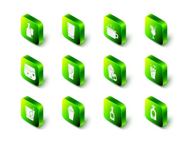 集玻璃与水，咖啡杯，鸡尾酒，酒精饮料朗姆酒，摇酒器，香槟瓶和图标。向量图片下载