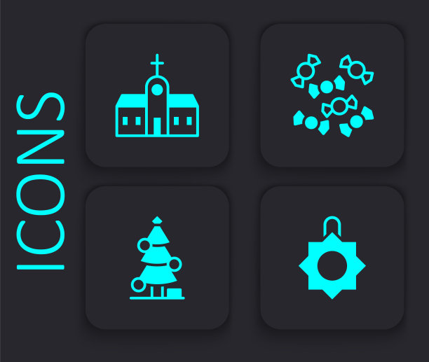 集圣诞玩具，教堂建筑，糖果和树的图标。黑色方形按钮。向量图片下载