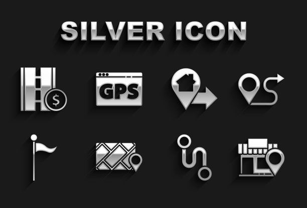 设置城市地图导航，路线位置，位置与商店，标记，房子，收费公路交通标志和Gps设备图标。向量图片下载