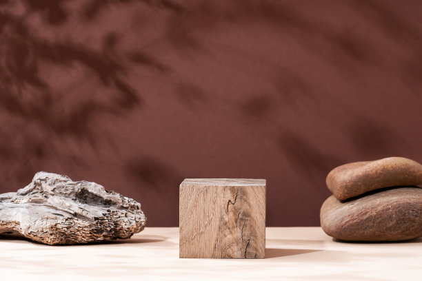 抽象的背景从天然材料石，树为化妆品的呈现。由热带树叶制成的遮阳化妆品木制美容陈列柜。图片下载
