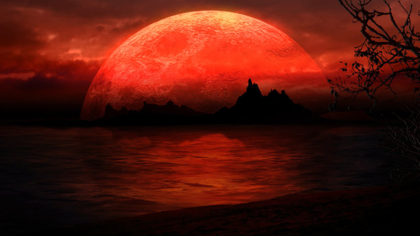 红色大月亮下的海滩岛剪影图片下载