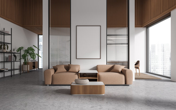 时尚的冷藏室内部扶手椅和全景窗户。模型框架图片下载