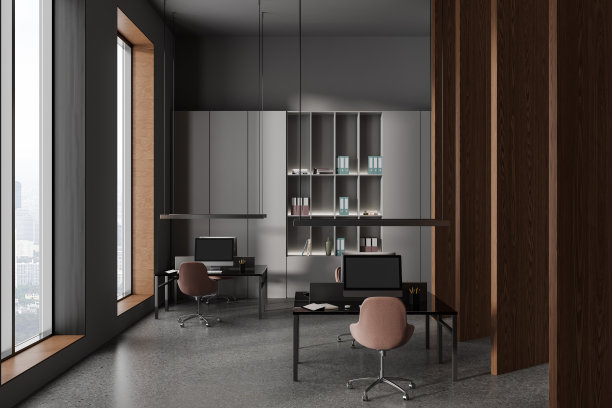 时尚的办公室室内，桌子上有电脑，架子上有窗户图片下载