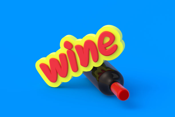 蓝色背景上靠近瓶子的文字wine。三维渲染图片下载