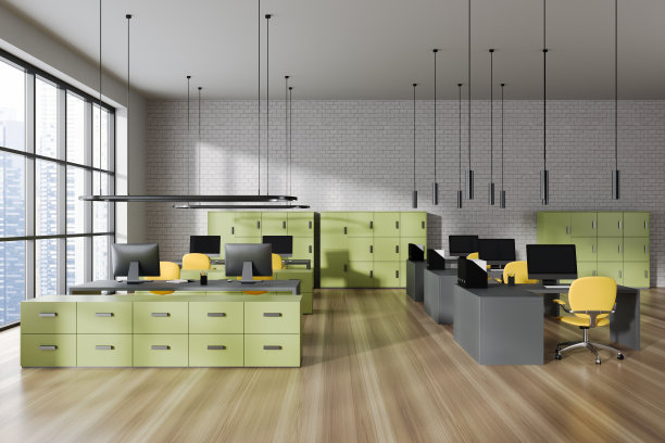 白色和砖的开放空间办公室内部图片下载