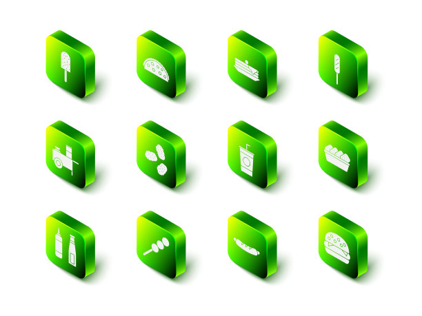 集墨西哥卷饼，煎饼，玉米狗，鸡块在盒子里，汉堡，纸玻璃吸管，热狗三明治和肉丸在木棒图标。向量图片下载