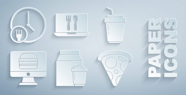 设置在线订购和交付，咖啡杯去，切片披萨，和全天候图标。向量图片下载