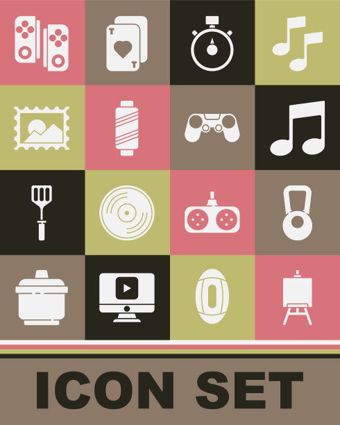 设置画架或绘画艺术板，壶铃，音符，音调，秒表，缝纫线线轴，邮票，手柄和图标。向量图片下载