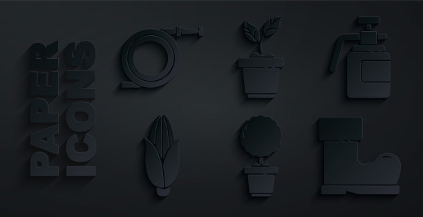 设置花盆花，花园喷雾器肥料，玉米，防水橡胶靴，植物和软管消防软管图标。向量图片下载