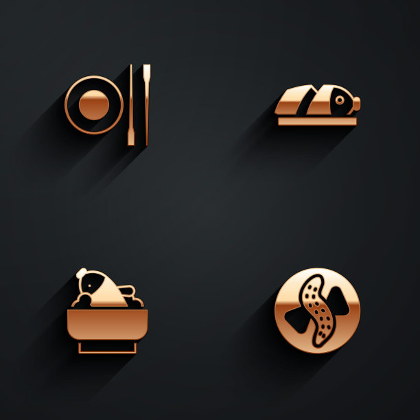 将筷子与盘子搭配，鱼片，米饭鱼放在碗里，黄瓜放在长阴影的图标上。向量图片下载