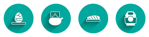 设置中国茶叶蛋，传统仪式，鱼排和亚洲面条纸盒图标长影子。向量图片下载