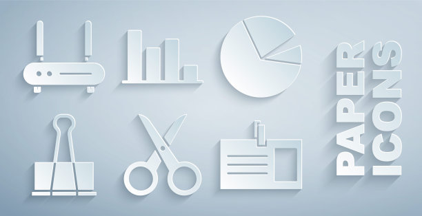 设置剪刀，饼图信息图，活页夹，标识徽章，路由器和wi-fi信号图标。向量图片下载