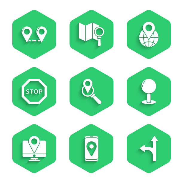 设置搜索位置，城市地图导航，道路交通标志，推针，监视器与标记，停止，定位地球仪和路线图标。向量图片下载