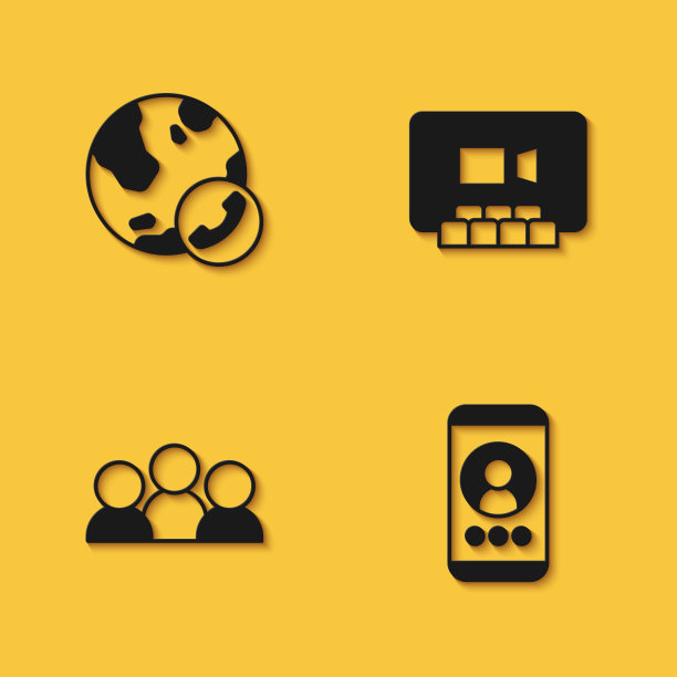 设置视频聊天会议，会议和长阴影图标。向量图片下载