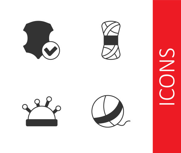 集纱球，皮革，针床和针和图标。向量图片下载