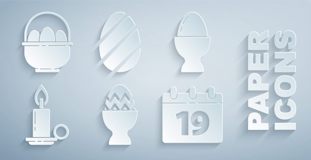 设置复活节彩蛋在一个站，在烛台燃烧的蜡烛，日历与快乐，和篮子复活节彩蛋图标。向量图片下载