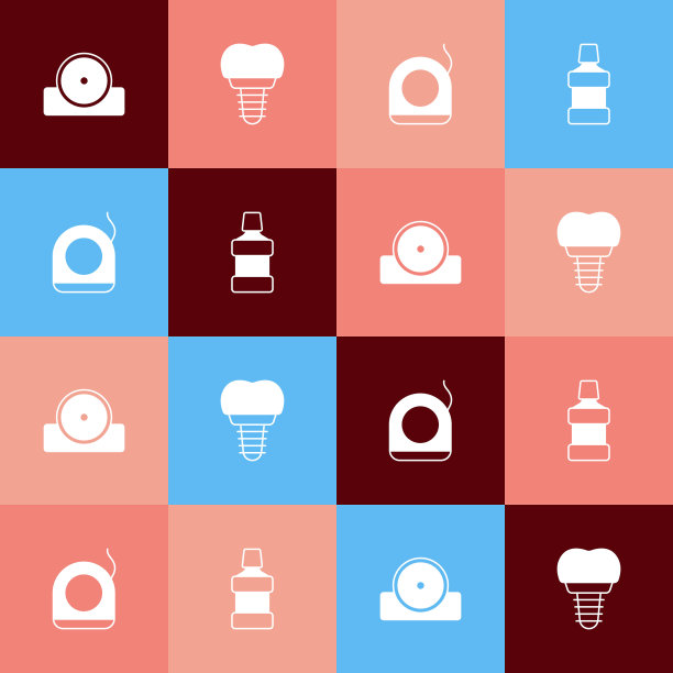 设置流行艺术耳鼻喉头部反射器，牙科植入物，牙线和漱口水图标。向量图片下载