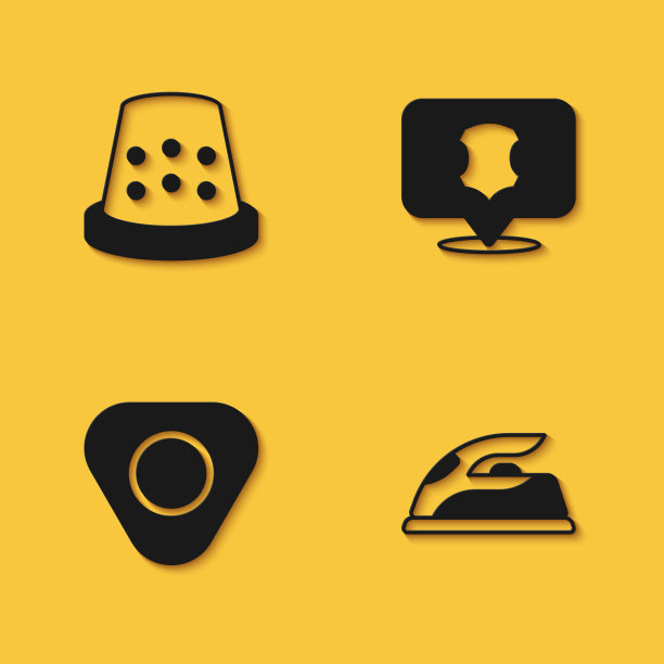 设置顶针缝纫，电熨斗，缝纫粉笔和皮革图标长阴影。向量图片下载