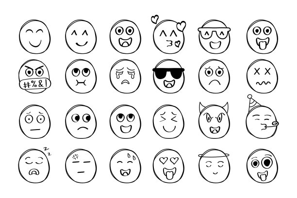 手绘表情符号图标集矢量设计。图片下载