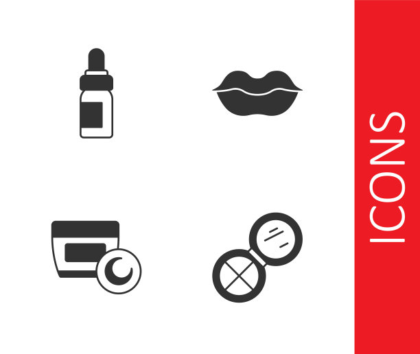 化妆粉与镜子，精油瓶，面霜乳液化妆品管和微笑的嘴唇图标。向量图片下载