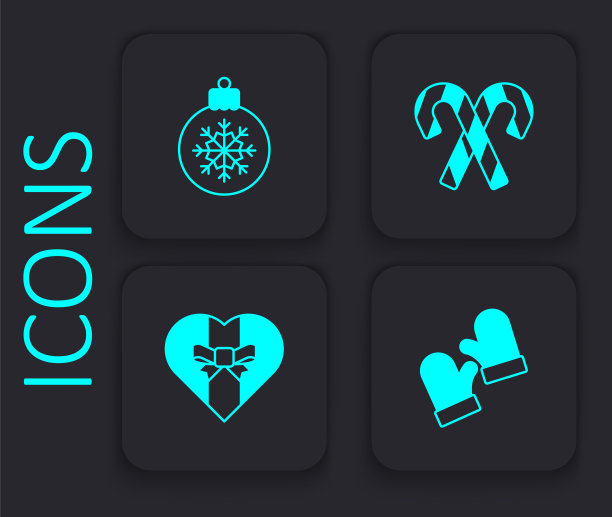 集圣诞手套，球，糖果手杖与条纹和礼盒图标。黑色方形按钮。向量图片下载