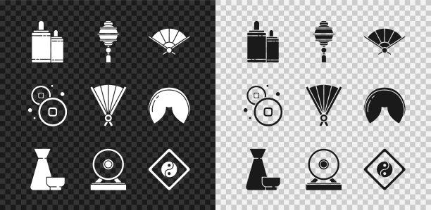 集烟花，中国纸灯笼，中国纸折扇，茶道，功，阴阳，元货币和图标。向量图片下载