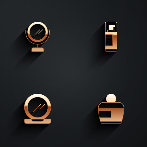 设置圆形化妆镜，剃须啫喱泡沫，化妆粉与奶油乳液化妆管图标长阴影。向量图片下载