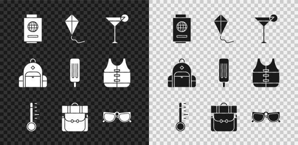 集护照与票，风筝，马提尼玻璃，气象温度计，徒步背包，眼镜，和冰淇淋图标。向量图片下载