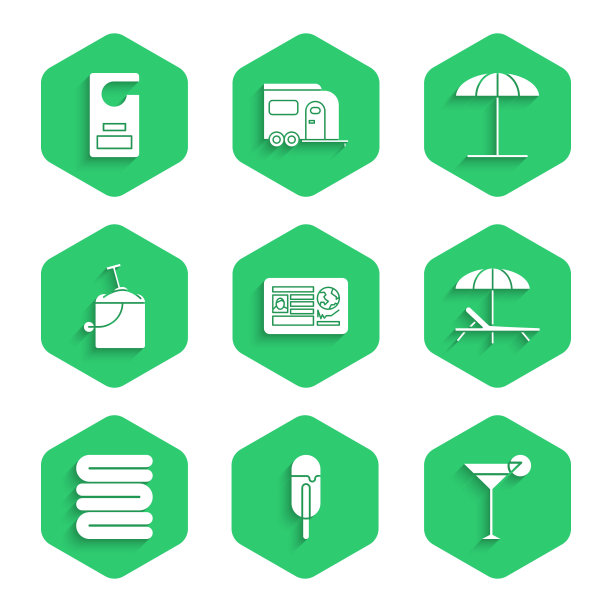设置有签证章的护照，冰淇淋，马提尼酒杯，日光浴床和伞，毛巾堆，沙桶铲，沙滩防护和请勿打扰图标。向量图片下载