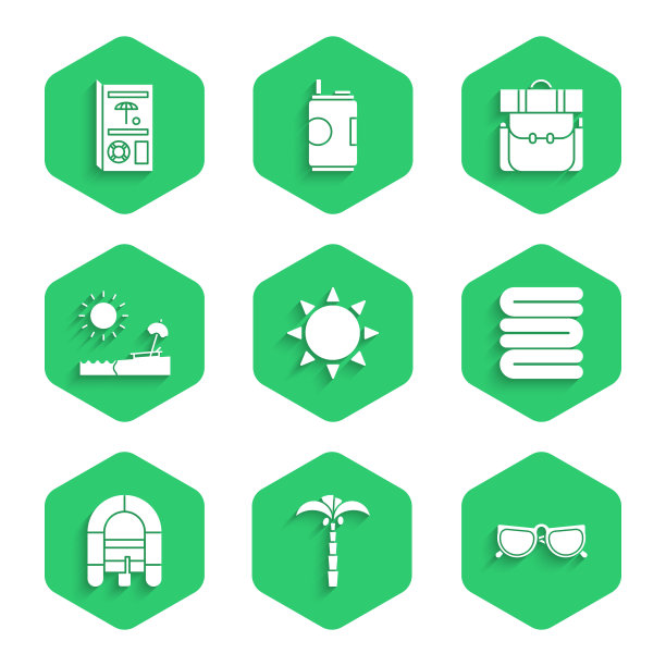 日落，热带棕榈树，眼镜，毛巾堆栈，漂流船，海滩与伞和椅子，徒步旅行背包和旅游宣传册图标。向量图片下载