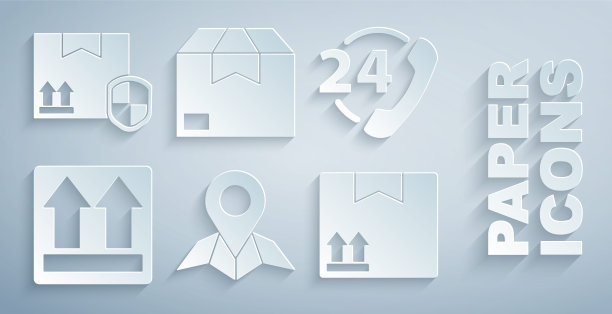 在地图纸上设置占位符，电话24小时支持，这一面，有交通标志的纸箱，纸箱纸板和交付包安全屏蔽图标。向量图片下载