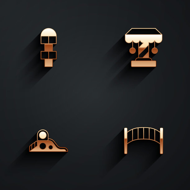 集跳房子，吸引旋转木马，滑梯操场和操场孩子桥图标长阴影。向量图片下载