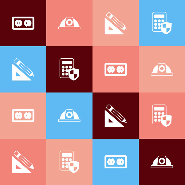 设置波普艺术电源插座，工人安全头盔，三角形尺子和铅笔和安全键盘访问面板图标。向量图片下载