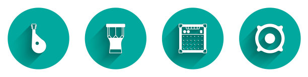 集班杜拉，非洲打击鼓，吉他放大器和立体声扬声器图标长阴影。向量图片下载