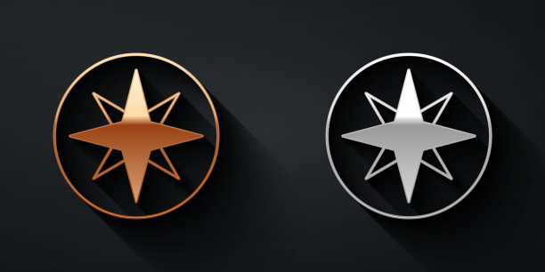 金色和银色风玫瑰图标孤立的黑色背景。旅行用的指南针图标。导航设计。长影式。向量图片下载