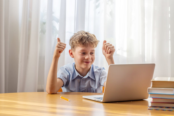 兴奋的小学生在笔记本电脑上在线学习图片下载