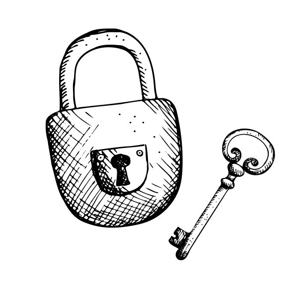 钥匙和门锁。复古风格的图形。手绘。设计元素。好运护身符，古董物品。矢量图图片下载
