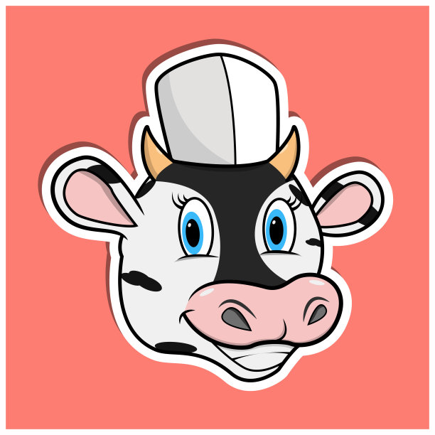 动物脸贴纸，牛戴厨师帽。角色设计图片下载