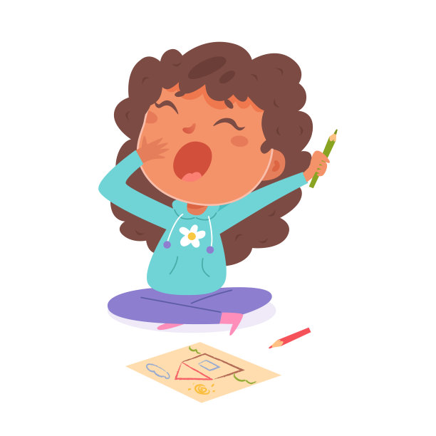 疲倦困倦的孩子打着哈欠，女孩坐在家里的地板上，手里拿着铅笔画画图片下载