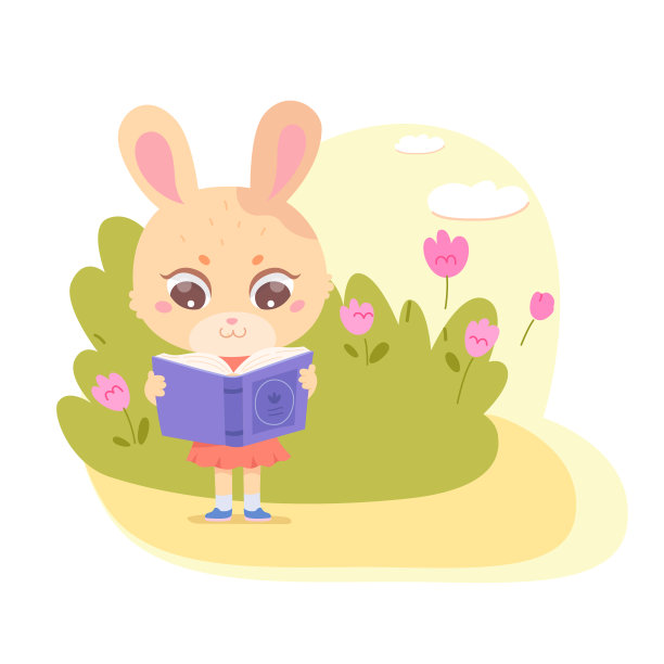 可爱的小兔子读书户外矢量插图。卡通聪明的兔子站在开放的故事，童话或幻想的书，阅读在故事时间，从图书馆的文学动物读者图片下载