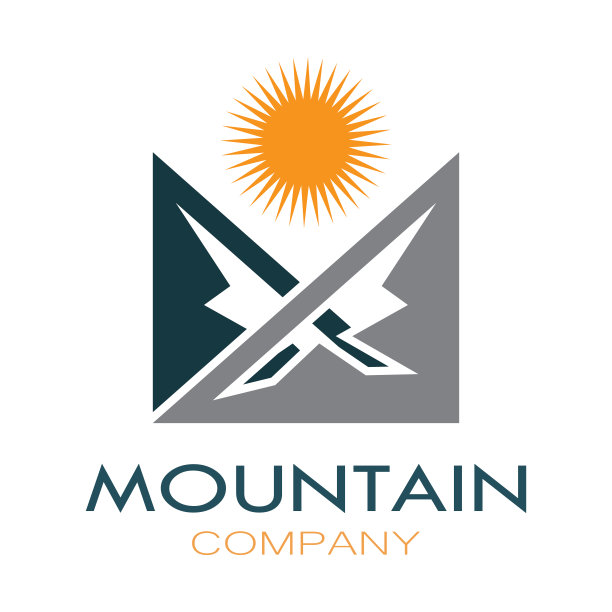 极简主义的山和太阳标志设计在平面颜色与现代概念矢量插图包装图片下载