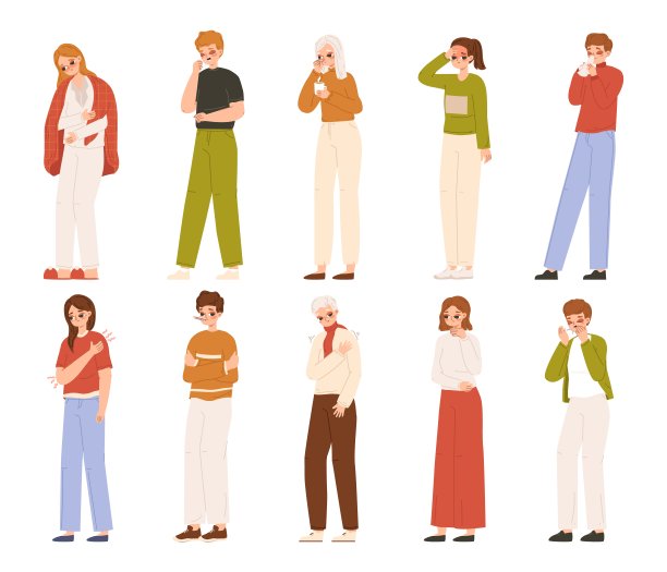 感冒症状，打喷嚏和咳嗽。生病的人，青少年有流感或病毒。生病的孩子，不同的疼痛依偎矢量字符图片下载