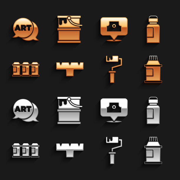 设置标记笔附件，油漆，水粉，罐子，染料，滚筒刷，喷雾罐，喷雾喷嘴盖，带有文字艺术和桶图标的语音气泡。向量图片下载