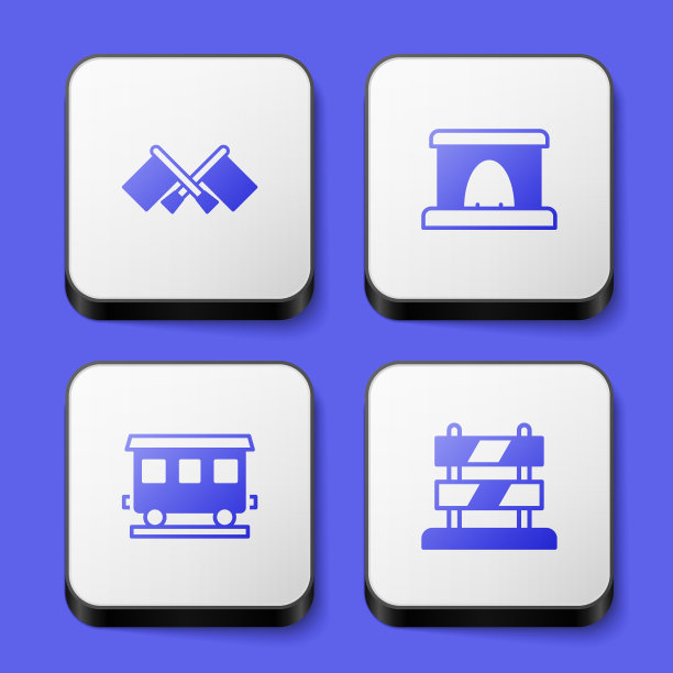 集旗，铁路隧道，客运列车车厢和铁路轨道的结束图标。白色方形按钮。向量图片下载