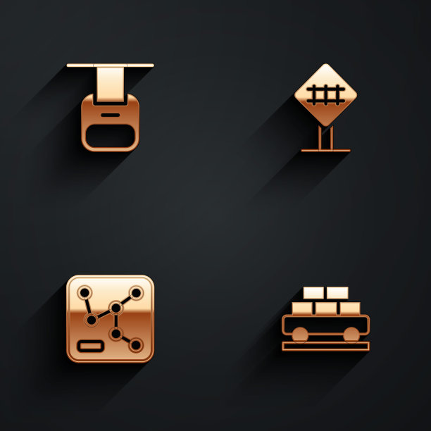 集缆车，铁路道口，铁路地图和货运列车车厢图标与长阴影。向量图片下载