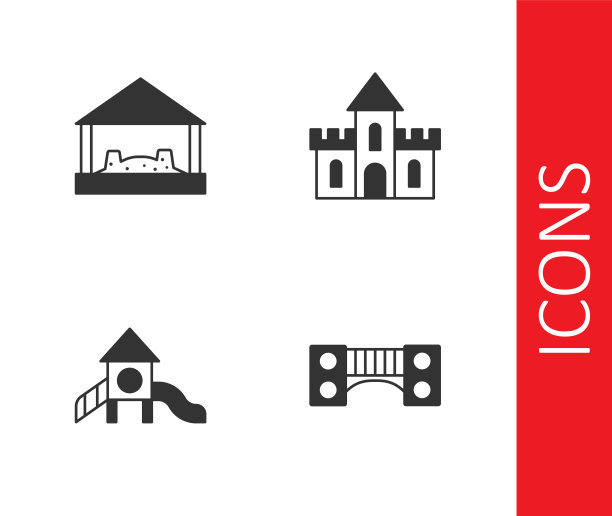 设置游乐场儿童桥，沙盒与沙子，滑梯操场和城堡图标。向量图片下载