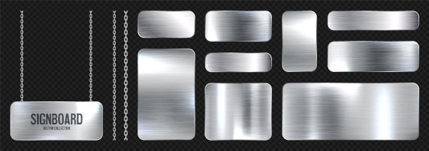 铁链上挂着金属横幅。现实闪亮钢板螺丝。抛光银金属表面。矢量图图片下载